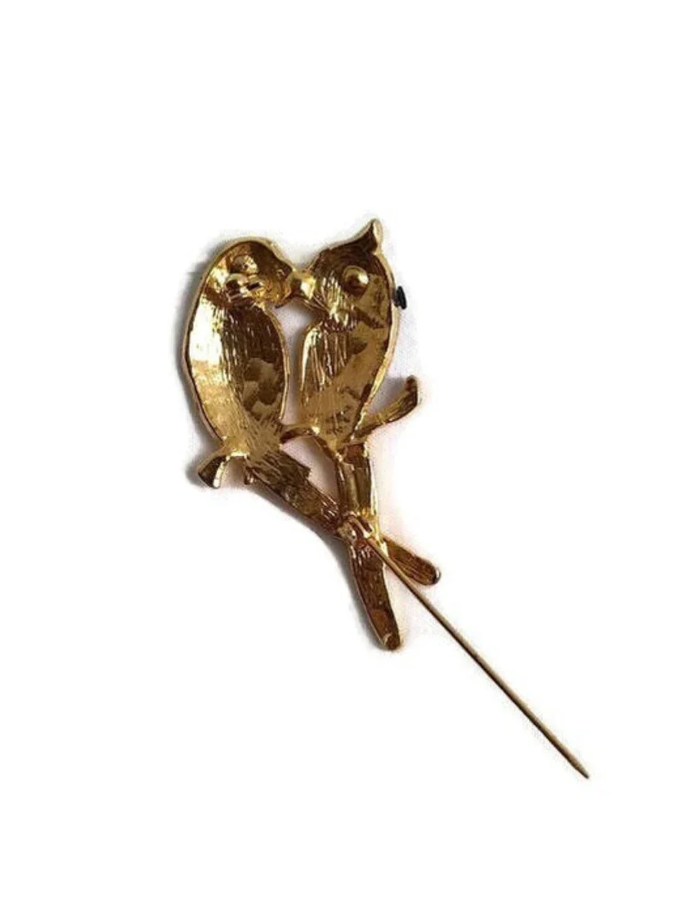 Vintage Gold Tone Love Birds Brooch, Clear Rhinestones and Black & White Enamel.